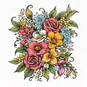 flower bouquet tied at bottom with daisy, morning glory, cosmos, waterlilly, holly, poppy, and rose tattoo design idea