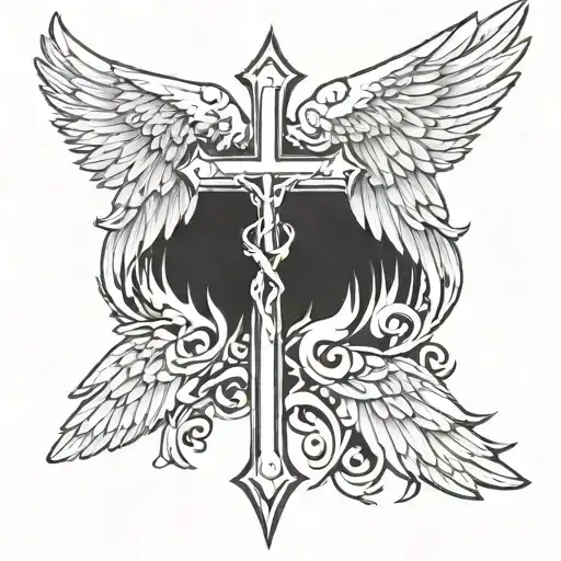a simple cross with large angel wings from each side spreading  tattoo design idea