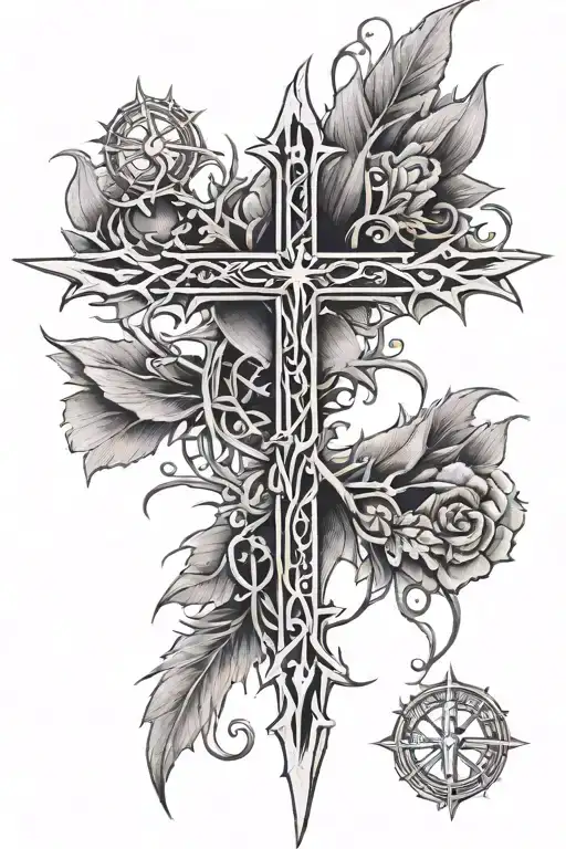 long thorns going up the spine tattoo with a cross on the top that spreads wings from each side tattoo design idea