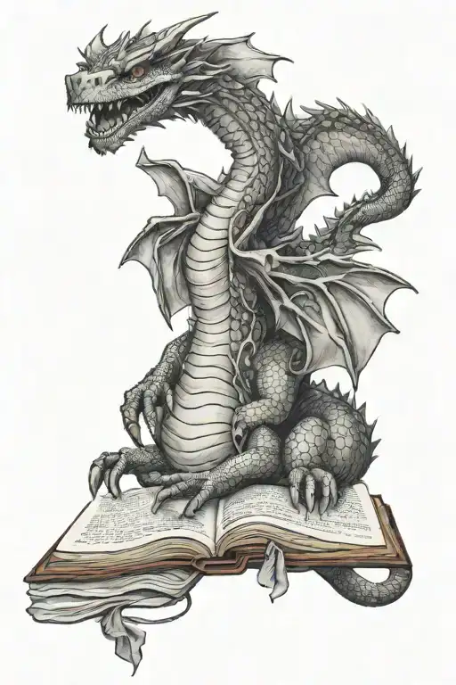 fat dragon sleeping with a book open in front tattoo design idea