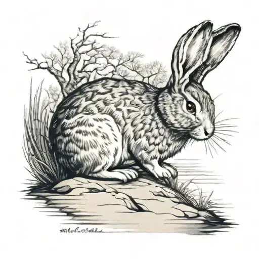 The rabbit from Alice in Wonderland looks at the distant shore on a winter day tattoo design idea