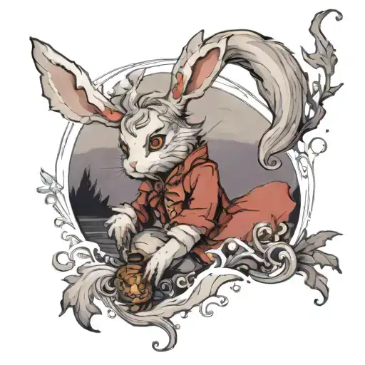 The rabbit from Alice in Wonderland looks at the distant shore on a winter day tattoo design idea