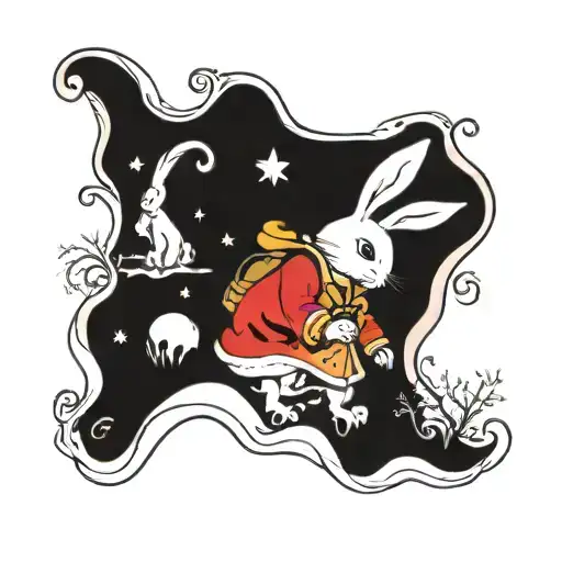The rabbit from Alice in Wonderland looks at the distant shore on a winter day tattoo design idea