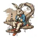 The rabbit from Alice in Wonderland looks at the distant shore on a winter day tattoo design idea