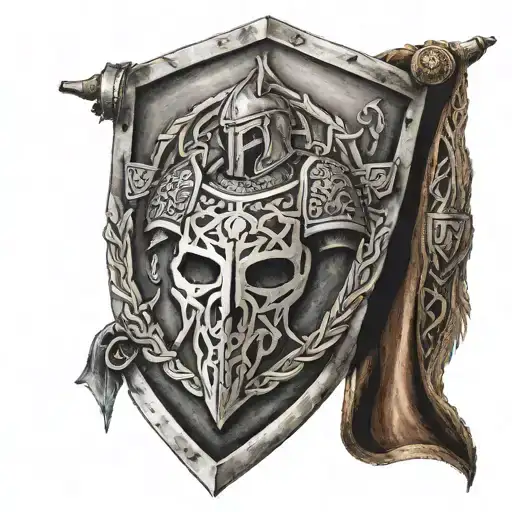 A broken Spartan knight tattoo with a shield infront that has a celtic knot and a banner within that displays AMMA tattoo design idea