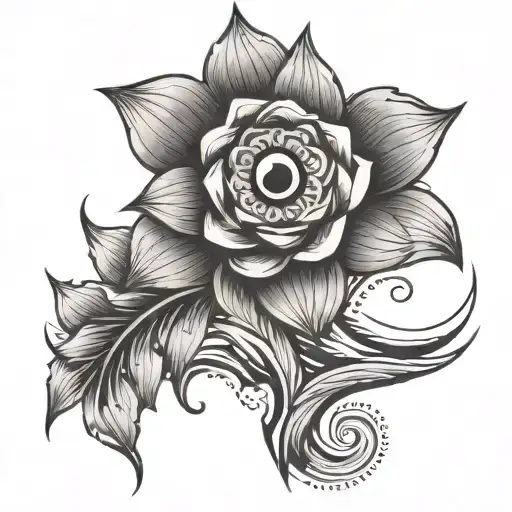 minimalist style tattoo with a small evil eye, flower, and sea waves with line work tattoo design idea