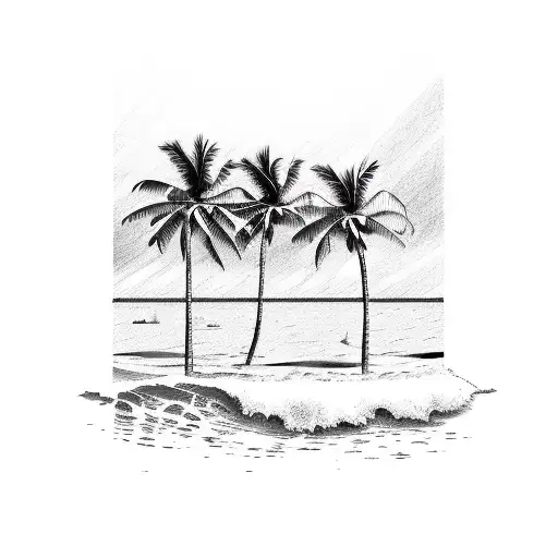 A detailed sketch of a beach with palm trees and waves tattoo design idea