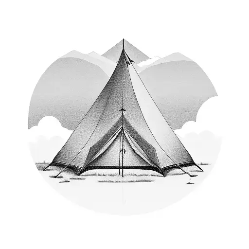 A black and grey tattoo of a tent in a serene mountain landscape tattoo design idea