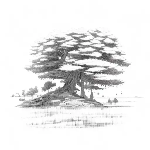 cedar tree with a small creek in foreground  tattoo design idea