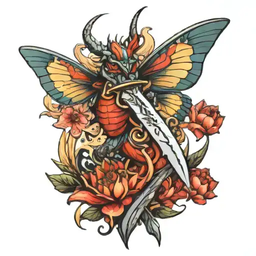 sword dragon butterfly tattoo design idea
