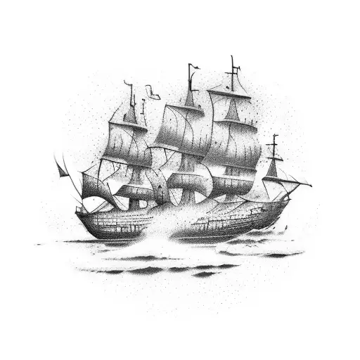 burning ship tattoo design idea