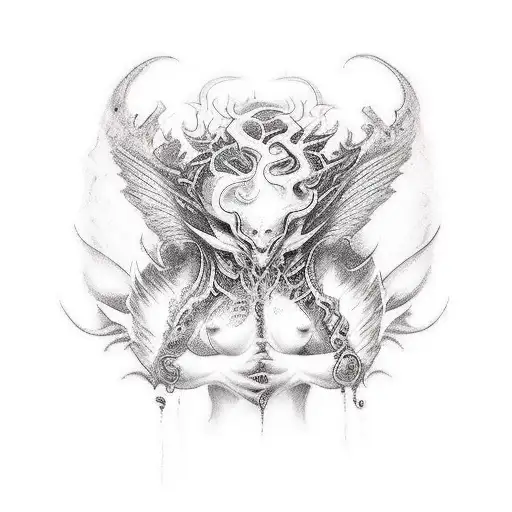 back tattoo, huge sensual party with demons and angels, sexy, very sexy, very horny,4k, super detailed tattoo design idea