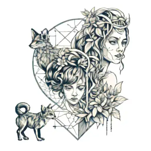 A design that shows a woman in a natural setting, surrounded by trees, flowers and perhaps some small animals tattoo design idea
