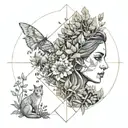 A design that shows a woman in a natural setting, surrounded by trees, flowers and perhaps some small animals tattoo design idea