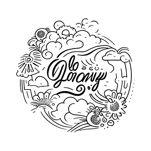 A dreamy landscape tattoo featuring Lola's name written in a flowing script among infinite flowers and trees tattoo design idea