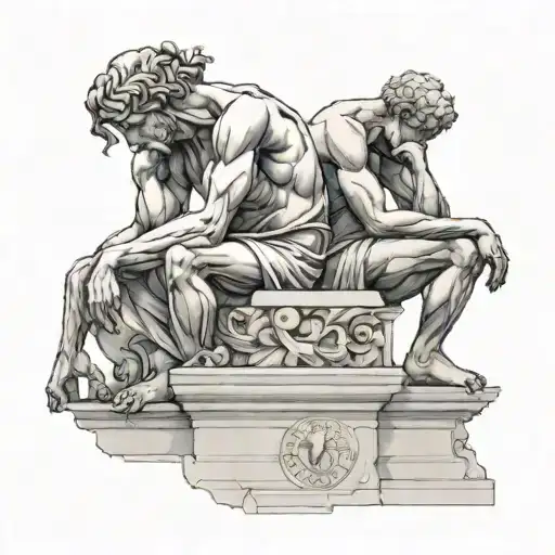 Dicobolus, The Thinker, and Atlas sitting together back to back on a marble platform with Roman Numerals for 18 tattoo design idea