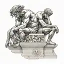 Dicobolus, The Thinker, and Atlas sitting together back to back on a marble platform with Roman Numerals for 18 tattoo design idea