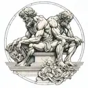 Dicobolus, The Thinker, and Atlas sitting together back to back on a marble platform with Roman Numerals for 18 tattoo design idea