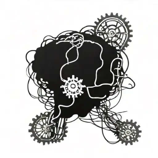 A blackwork design of a brain with tangled wires and broken gears, symbolizing the complexity of mental health struggles in the healthcare field tattoo design idea