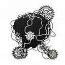 A blackwork design of a brain with tangled wires and broken gears, symbolizing the complexity of mental health struggles in the healthcare field tattoo design idea