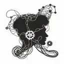 A blackwork design of a brain with tangled wires and broken gears, symbolizing the complexity of mental health struggles in the healthcare field tattoo design idea