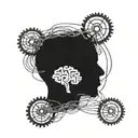 A blackwork design of a brain with tangled wires and broken gears, symbolizing the complexity of mental health struggles in the healthcare field tattoo design idea