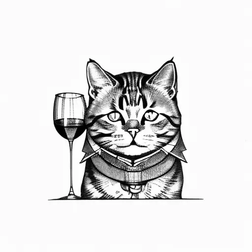 Cat with a glass of wine sitting on the windowsill  tattoo design idea