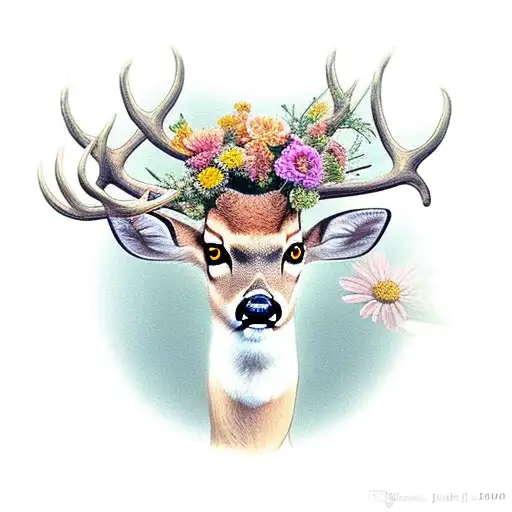 deer with flowers looking to the side and an antique frame around it tattoo design idea