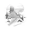 An open road winding through a mechanical circuit board landscape tattoo design idea