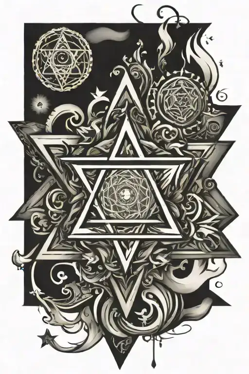 Abstract star of David, symbolization of all elements and time tattoo design idea