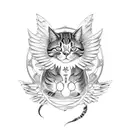A cat with angel wings sitting on top of a dragon's head tattoo design idea