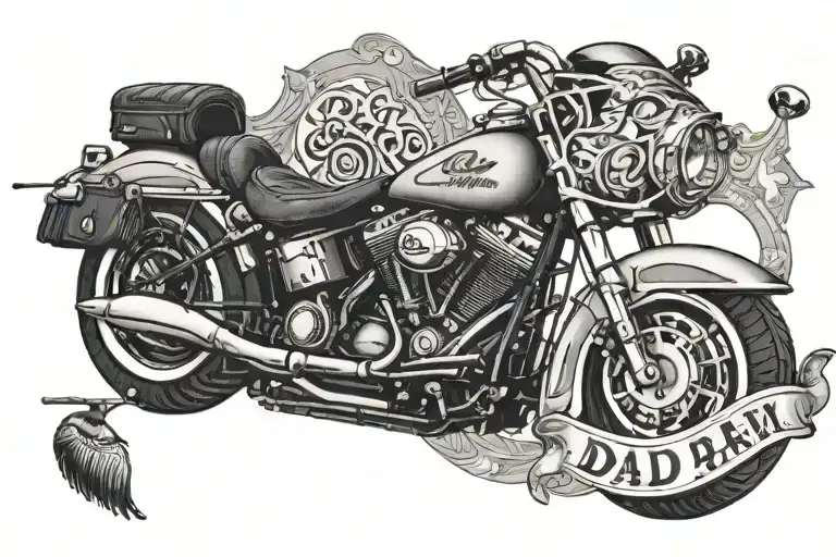 a custom Harley with no person riding it, a fishing rod with a bream caught and only the word "Dad" tattoo design idea