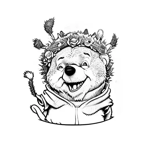 Grateful Dead dancing bear, Winnie the Pooh, and max from where the wild things are marching in a line tattoo design idea