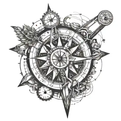 A unique fusion of a sundial and a compass, symbolizing the traveler's love for navigating both time and space tattoo design idea