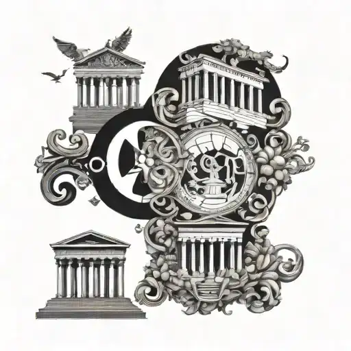 A collage of Greek mythology symbols intertwined with famous Greek architecture, creating a unique and intricate design tattoo design idea