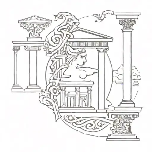 A collage of Greek mythology symbols intertwined with famous Greek architecture, creating a unique and intricate design tattoo design idea