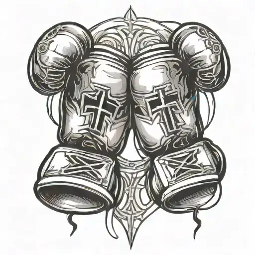 Cross with boxing gloves hanging tattoo design idea