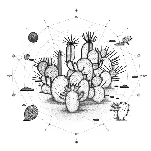 A constellation of cacti arranged like a road map on a night sky tattoo design idea