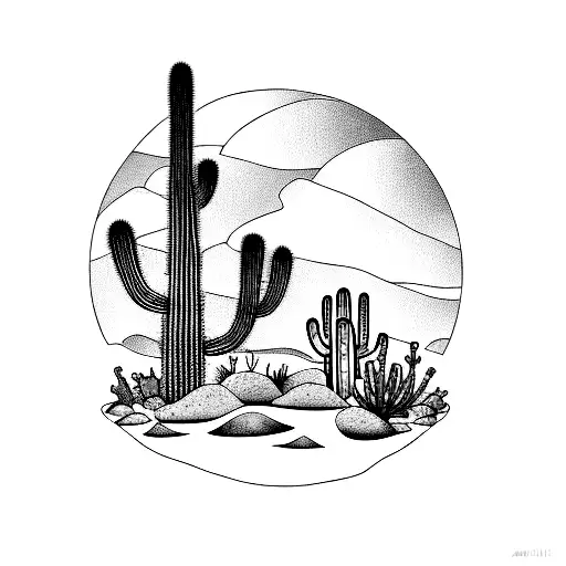A desert landscape with cacti transformed into tire tracks tattoo design idea