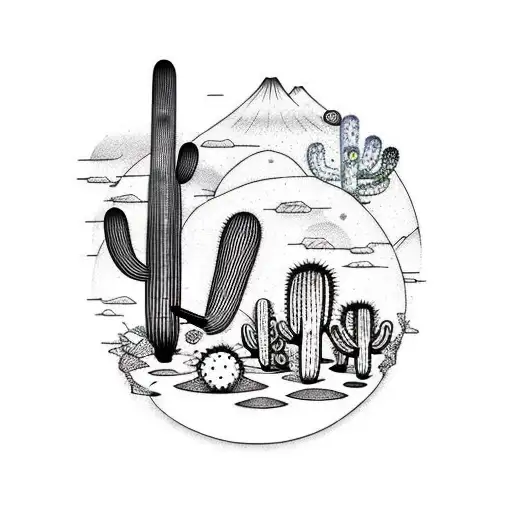 A desert landscape with cacti transformed into tire tracks tattoo design idea