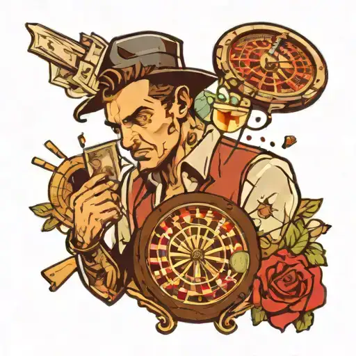 the town character, broken glass, roulette, money, gangster  tattoo design idea