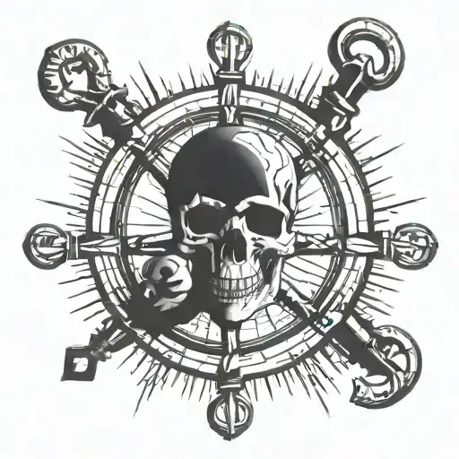 Ship's wheel with an anchor in the middle and a skull in the center of everything. The angle of the tattoo should be facing forward. tattoo design idea
