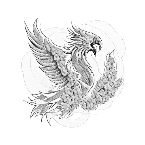 A fierce phoenix rising from a bed of blooming flowers, symbolizing resilience and growth. tattoo design idea