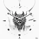 clock timed 1:13 with  skull wolf I love you tattoo design idea