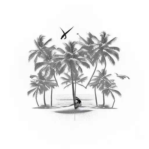 Palm Tree , Surf , 8 birds , Sharks fin  tattoo design idea