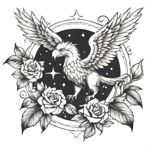 griffin surrounded by rose and Lilly under stars  tattoo design idea