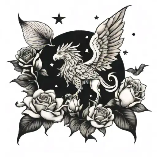 griffin surrounded by rose and Lilly under stars  tattoo design idea