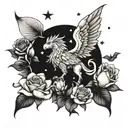 griffin surrounded by rose and Lilly under stars  tattoo design idea