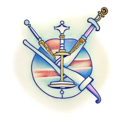 A traditional style tattoo of a lawyer's gavel and a musical staff combined tattoo design idea