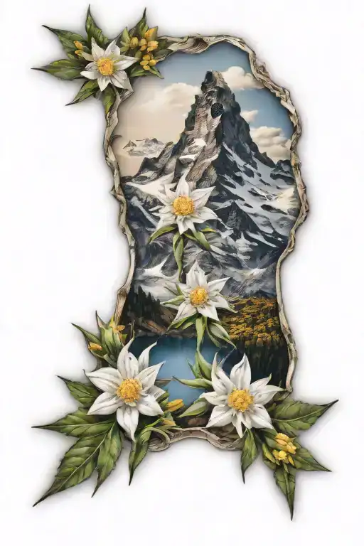 realistic edelweiss flowers framing matterhorn mountain tattoo design idea